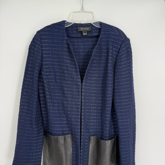 St. John Women’s Tweed Sweater Blazer W/ Leather Pockets Size 8 Blue Black wool - Picture 5 of 10